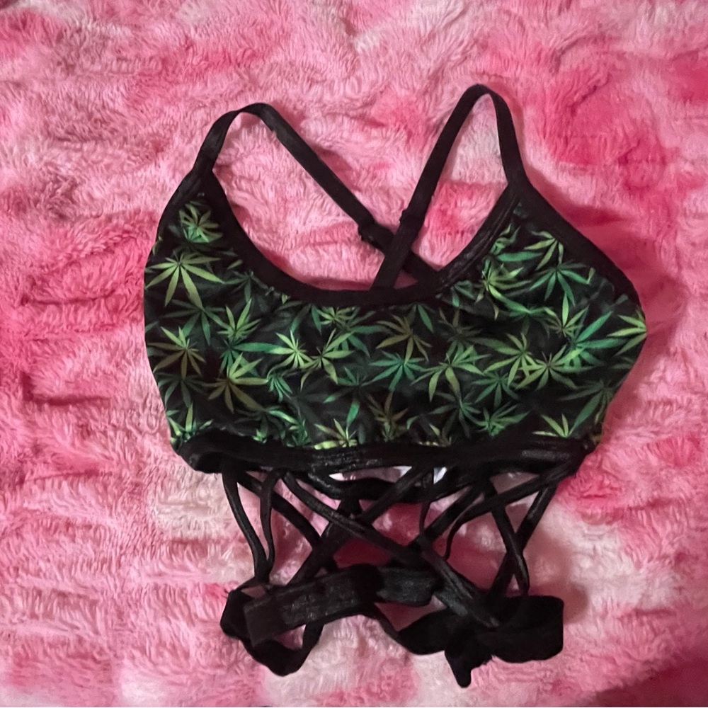 Black and green mj leaf sports bra/swim top